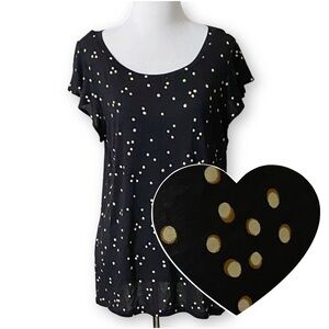 H&M Size M Black Dot Print Short Flutter Sleeve Soft Round Neck Knit Top Shirt
